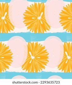 Abstract seamless pattern with hand drawn scribbles. Bright colored doodles made by marker crayon paint. Rough ink blobs and splashes with floral garden motif. Artistic wallpaper wrapping design.