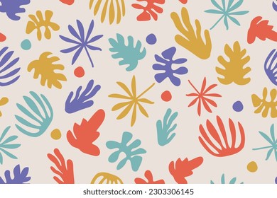 Abstract seamless pattern with hand drawn tropical leaves and organic shapes. Colorful vector background.