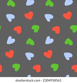 Abstract seamless pattern with hand drawn hearts shapes in trendy shades on a gray backdrop. Vector