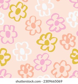 Abstract seamless pattern with hand drawn ink flowers. Vector floral texture. Beautiful botanical background in retro style