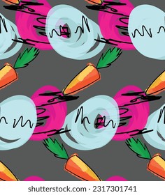 Abstract seamless pattern with hand drawn scribbles. Bright colored doodles made by marker crayon paint. Rough ink blobs and splashes with floral garden motif. Artistic wallpaper wrapping design.