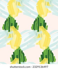 Abstract seamless pattern with hand drawn scribbles. Bright colored doodles made by marker crayon paint. Rough ink blobs and splashes with floral garden motif. Artistic wallpaper wrapping design.