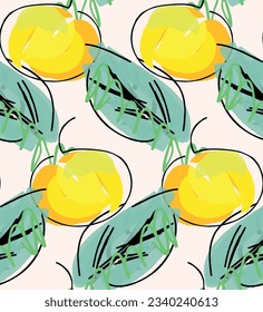 Abstract seamless pattern with hand drawn scribbles. Bright colored doodles made by marker crayon paint. Rough ink blobs and splashes with floral garden motif. Artistic wallpaper wrapping design.