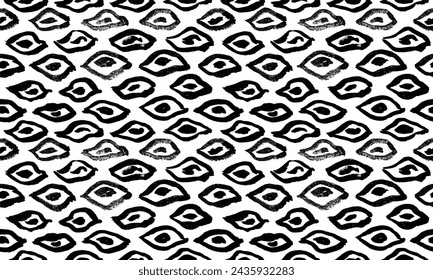 Patrón sin costuras abstracto con formas dibujadas a mano de pincel de tinta negra trazo ojos. Impresión de hojas naive monocromo del dibujo étnico para el diseño textil, papel de envoltura, superficie, papel pintado