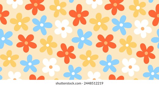 Abstract seamless pattern with hand drawn vintage groovy daisy flowers. design y2k. 60s, 70s, 80s style	