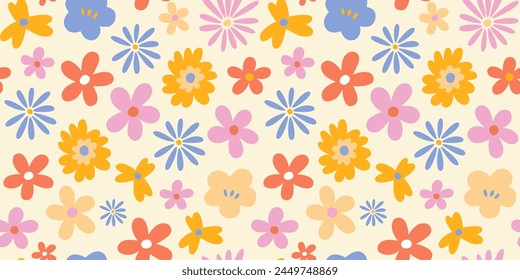 Abstract seamless pattern with hand drawn vintage groovy daisy flowers. design y2k. 60s, 70s, 80s style	