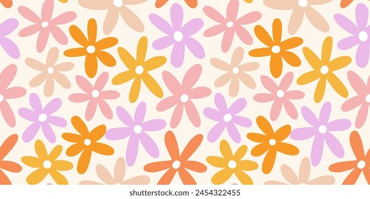 Abstract seamless pattern with hand drawn vintage groovy daisy flowers. design y2k. 60s, 70s, 80s style	