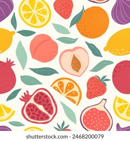 Abstractas patrón sin costuras de frutas dibujadas a mano, bayas y hojas. Estampado moderno de moda de verano. Limón, naranja, melocotón, fresa, higo, granada. Diseño de Vector para papel, cubierta, tela, textil.