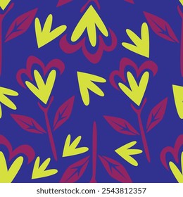 Abstract seamless pattern with hand drawn vintage groovy daisy flowers. design y2k. 60s, 70s, 80s style