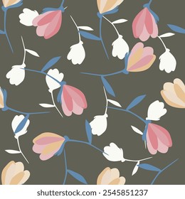 Abstract seamless pattern with hand drawn vintage groovy daisy flowers. design y2k. 60s, 70s, 80s style