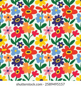 Abstract seamless pattern with hand drawn vintage groovy daisy flowers. design y2k. 60s, 70s, 80s style. White background. Ditsy print. Floral seamless background ditsy pattern in small cute wild flow