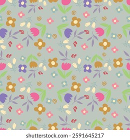 Abstract seamless pattern with hand drawn vintage groovy daisy flowers. design y2k. 60s, 70s, 80s style