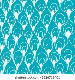Abstract seamless pattern with hand drawn lines, waves, drops and spots. White ornate on blue background.
