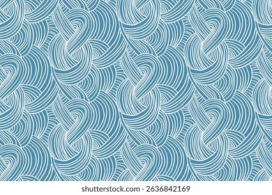 Abstract seamless pattern with hand drawn knitted texture. Delicate artistic pattern of smooth lines, wavy drawing. Repeating design with weaving on blue background. Vector illustration in two colors.
