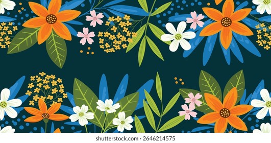 Abstract seamless pattern with hand drawn meadow flowers. Fashion stylish natural background.