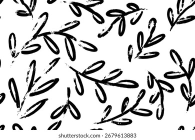 Abstrato padrão sem emenda de mão desenhado preto pincel pintado folhas e ramos, silhuetas de folhagem vetorial formando ornamento botânico orgânico natural. Perfeito para têxteis, papéis de parede, embalagens e