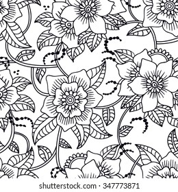 Abstract seamless pattern with hand drawn white flowers with black outline. Vector illustration.