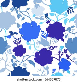 Abstract seamless pattern with hand drawn isolated blue flowers silhouettes on white background. Vector illustration.