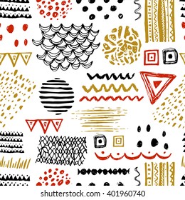 Abstract seamless pattern with hand drawn ethnic motifs, zigzags, stripes, triangles and spots. Vector illustration