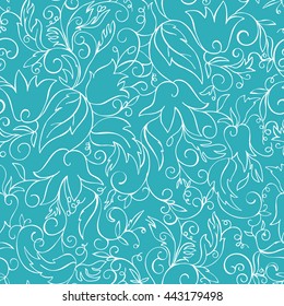 Abstract seamless pattern with hand drawn white flowers on blue. Vector