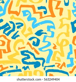  Abstract seamless pattern. Hand drawn artistic ink curves. Yellow, blue and orange colors background. Design element for textile and wrapping paper