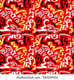  Abstract seamless pattern. Hand drawn artistic ink curves. Black, white and red colors background. Design element for textile and wrapping paper