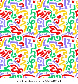  Abstract seamless pattern. Hand drawn artistic ink curves. Red, yellow and green colors background. Design element for textile and wrapping paper