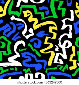  Abstract seamless pattern. Hand drawn artistic ink curves. Black, white and green colors background. Design element for textile and wrapping paper