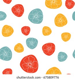 Abstract seamless pattern with hand drawn flowers silhouettes in doodle style and colorful simple shapes on white background. Vector illustration. Fabric texture.