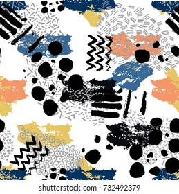 Abstract seamless pattern with hand drawn elements in vector. Memphis style. Pastel colors.