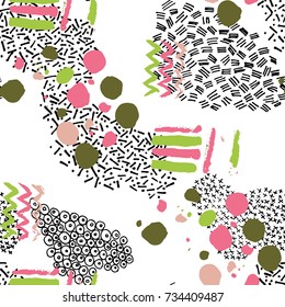 Abstract seamless pattern with hand drawn elements in vector. Memphis style. Pastel colors.