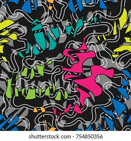 Abstract seamless pattern with hand drawn textures, colorful spots and white lines for print or textile.