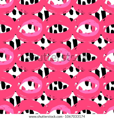 Abstract Seamless Pattern with Hand Drawn Black Brush Strokes  and Pink Circles  on White Background .Pop Art