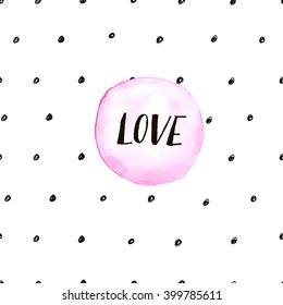 Abstract seamless pattern. Hand lettering Hello, tiny dots and watercolor shape. Background, cover.