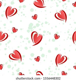 Patrón abstracto sin fisuras con corazones dibujantes a mano y fondo textural de acuarela. Fondo vector festivo.