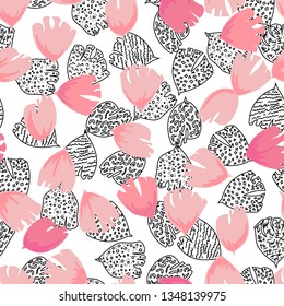 Abstract seamless pattern. Hand-drawing, image of black doodles and rose petals. Printing for textiles. Vector illustration