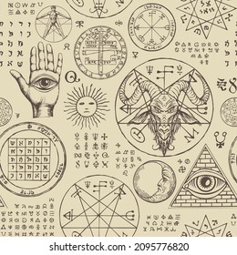 Abstract seamless pattern with hand-drawn all-seeing eye, goat head, sun, moon, vitruvian man, occult and esoteric symbols on a beige backdrop. Monochrome vector background in retro style