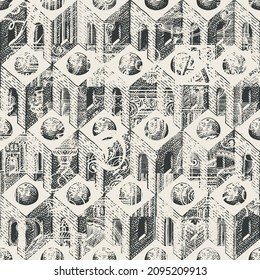 Abstract seamless pattern with hand-drawn architectural elements. Multi layered vector texture with cubic 3D elements in grunge style.Monochrome background, wallpaper, wrapping paper, flooring, fabric