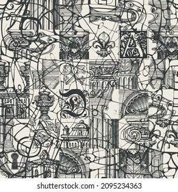Abstraktes nahtloses Muster mit handgezeichneten architektonischen Fragmenten und chaotischen Schriftzeichen. Einfarbiger Vektorhintergrund im Grunge-Stil. Grafikdruck für Tapeten, Wickelpapier oder Stoffdesign