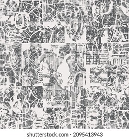 Abstract seamless pattern with hand-drawn architectural fragments and chaotic doodles on light backdrop. Monochrome vector background in grunge style. Suitable for wallpaper, wrapping paper or fabric