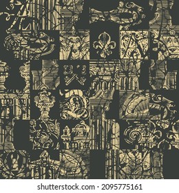 Abstraktes nahtloses Muster mit handgezeichneten architektonischen Fragmenten und chaotischen Schriftzeichen auf Schwarz. Einfarbiger Vektorhintergrund im Grunge-Stil. Grafikdruck für Tapeten, Wickelpapier, Stoff