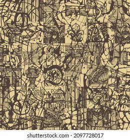 Abstract seamless pattern with hand-drawn architectural fragments and chaotic scribbles in grunge style. Monochrome vector background in beige and brown colors. Wallpaper, wrapping paper, fabric