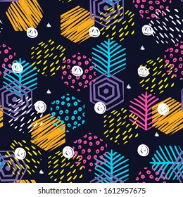 Abstract seamless pattern with hand-drawn bright elements on a dark background. Modern vector illustration. Multicolored hexagons. Use for textile, wallpaper or packaging.