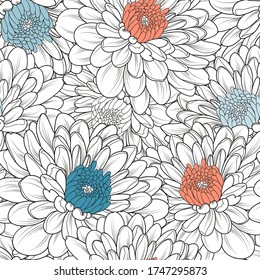 Abstract seamless pattern with hand-drawn chrysanthemum flowers. Pattern for creating packaging, wallpaper, fabric.