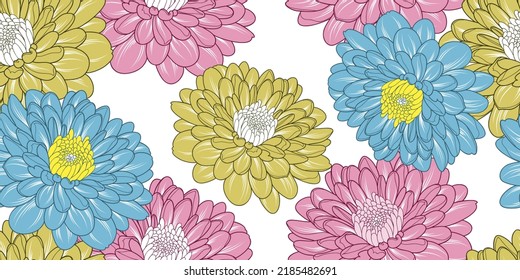 Abstract seamless pattern with hand-drawn chrysanthemum flowers. Pattern for creating packaging, wallpaper, fabric.
