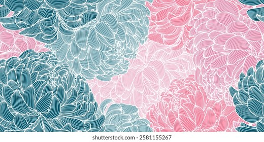Abstract seamless pattern with hand-drawn chrysanthemum flowers. Pattern for creating packaging, wallpaper, fabric.