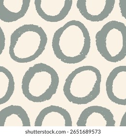 Padrão sem emenda abstrato. Formas de círculo desenhadas à mão, textura áspera, impressão sem fim de rabiscar. Elementos redondos orgânicos irregulares em estilo grunge, fundo repetitivo para design têxtil. Ilustração vetorial