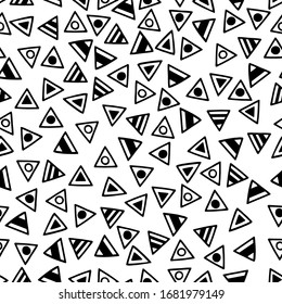 Abstract seamless pattern with hand-drawn Doodle triangles, coloring page for children and adults