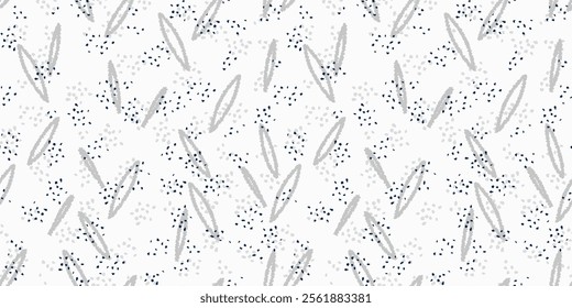 Abstract seamless pattern with hand-drawn elongated shapes and scattered dots. Light grey background print. Design for textiles, digital art, and modern design projects.