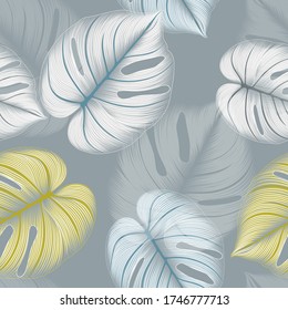 Abstract seamless pattern with hand-drawn exotic monstera leaves and chrysanthemum flowers. Pattern for creating packaging, wallpaper, fabric.